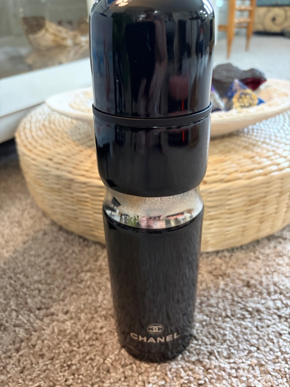 CHANEL - Novelty “New” Black Stainless Travel Bottle with Silver Accent